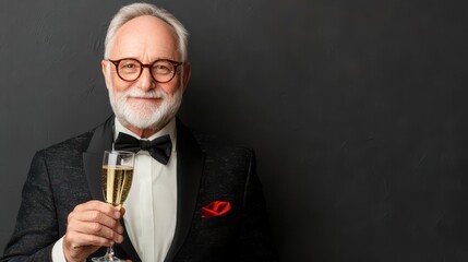 An elegant old man in a tuxedo holds a glass of champagne, celebrating a special occasion with a joyful smile