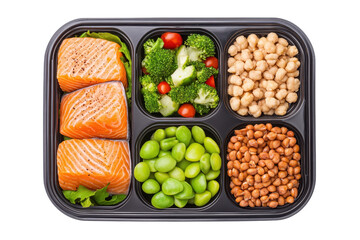 Healthy meal with salmon, vegetables, and legumes in a black tray.