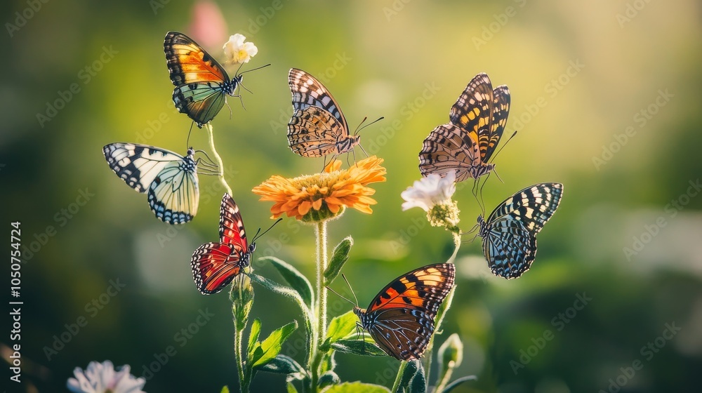 Poster A diverse array of butterflies with different wing patterns and colors perched on a single flower, Symbolizing the beauty of diversity and the need for inclusion in a shared environment