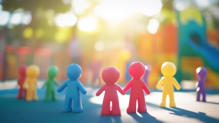 A diverse group of 3D figures symbolizing inclusion against a softly blurred city square, Reflecting unity in urban diversity, photography style