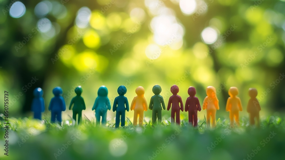 Poster A diverse group of 3D figures symbolizing unity against a softly blurred city square backdrop, Reflecting inclusivity in urban gatherings, photography style