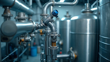 Obraz premium A water purification plant highlights complex piping and clean holding tanks, emphasizing advanced technology.