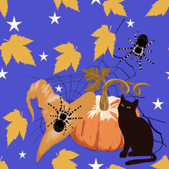 Halloween seamless pattern with cat 