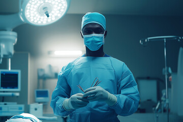 Surgeon standing in operating room, wearing full surgical attire, preparing for procedure under bright lights, focused expression, modern healthcare environment, sterile setting, selective focus

