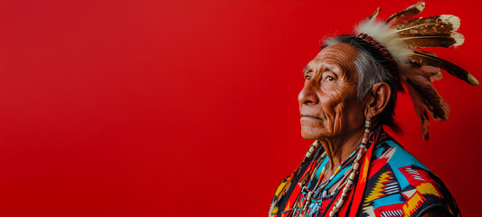 Portrait of a Native American elder in traditional attire on a red background, Heritage Month