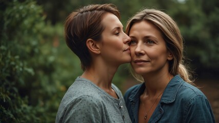 Fototapeta premium Two women cuddle warmly against each other