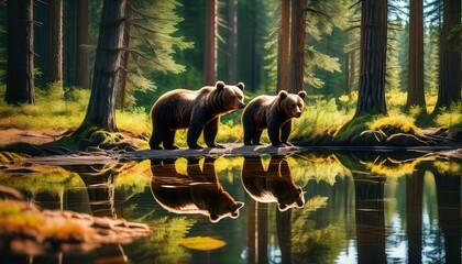 two brown bears are standing by the lake