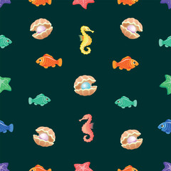 The marine world is rich in its fauna and its diversity, sea, ocean, water, 
seaweed, sea horse, fish, vector, seamless pattern, colored shell, art, illustration, background, isolated