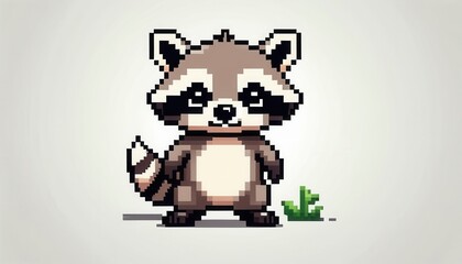 drawn pixel cartoon raccoon on white background