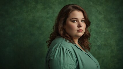 Obraz premium Studio portrait of a plus-size, confident, beautiful woman on a green background