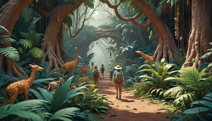 An adventurous jungle exploration scene sculpted from soft clay, featuring explorers trekking through dense foliage, discovering exotic animals and hidden treasures, Generative AI