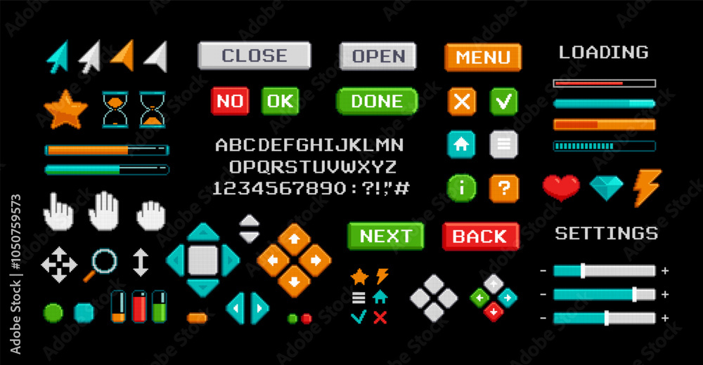 Poster Pixel buttons and icons video game menu elements. Perfect Pixel PC interface cursors, buttons for 8-bit games, app ui interface. Retro game menu navigation icons. Vector set