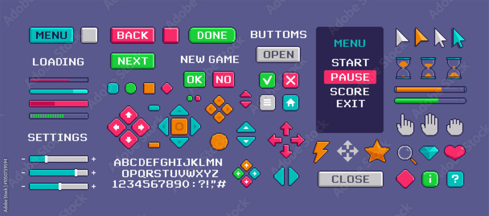 Poster 8-bit Pixel game buttons and icons set. Pixel PC interface cursors and game menu, app ui interface buttons. Retro video game elements. Dowload bar and Levels start menu. Perfect pixel vector