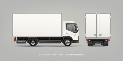 Box Truck Side view and Rear with space for text or your branding design - editable vector template. Realistic White Delivery Truck or Van blank mockup. Back View Delivery Van