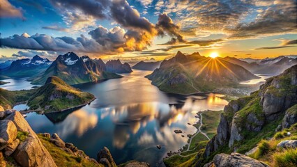 Obraz premium panoramic nordic fjord Raftsund in summer, peaceful scandinavian sunrise, seascape with mountains and dramatic clouds, Stortinden, Vesteralen, Norway, Europe