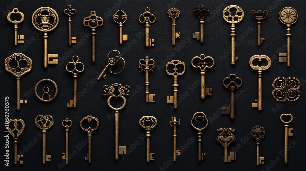 Poster a dramatic image of a diverse collection of vintage keys, each with unique designs, arranged to form