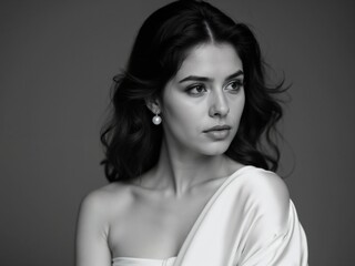 Fototapeta premium Elegant Portrait of a Young Woman in Soft Lighting with Flowing Hair and Pearl Earrings