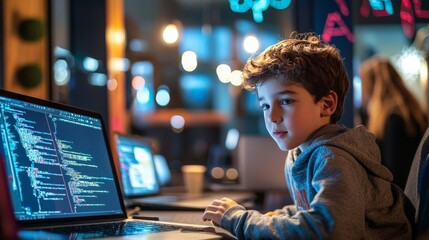 Obraz premium A young ethical hacker child teaching others about the importance of cybersecurity, with laptops and coding screens around
