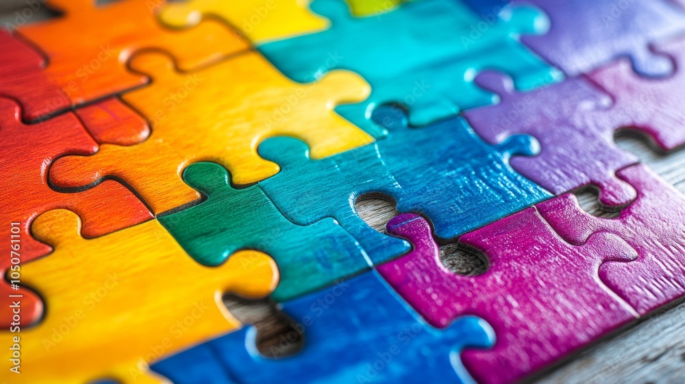 Poster a dramatic image of a diverse set of puzzle pieces falling into place to complete a vibrant image, h