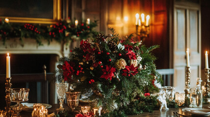 Christmas decor, country cottage style house decoration for an English countryside home interior design, winter wreath holiday botanical arrangements and festive atmosphere, Merry Christmas and Happy