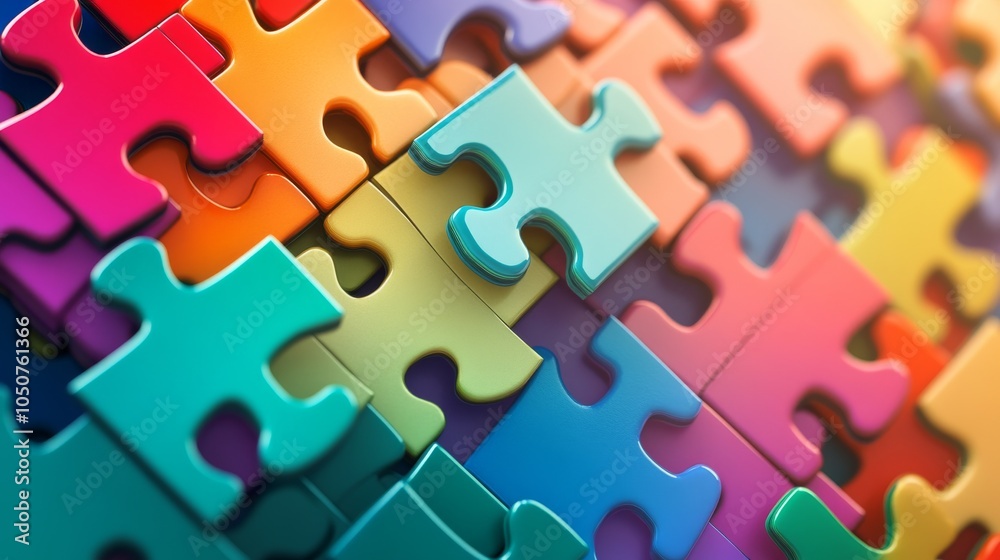 Poster a dramatic image of a diverse set of puzzle pieces falling into place to complete a vibrant image, h