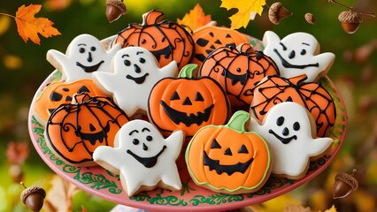 Obraz premium Playful Display of Halloween Desserts with Ghost and Pumpkin Shapes