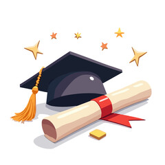 Graduation cap with diploma and stars vector illustration, celebration theme  