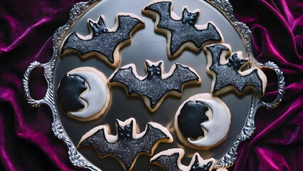Halloween Dessert Shaped Like Bats and Moons on Silver Platter