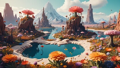 A surreal landscape created from soft clay, showcasing floating islands, oversized flowers, and strange creatures that defy the laws of nature, inviting exploration and imagination, Generative AI