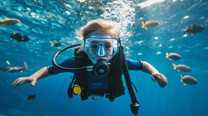 A young explorer child diving with marine life, conducting underwater research with scuba gear