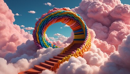 A dreamlike staircase made from vibrant plasticine, spiraling into the clouds and leading to an unknown destination, evoking feelings of curiosity and adventure, Generative AI