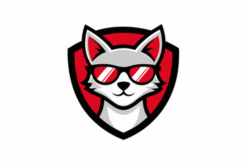 Cat head mascot with red sunglasses vector logo design vector illustration with shield on white.