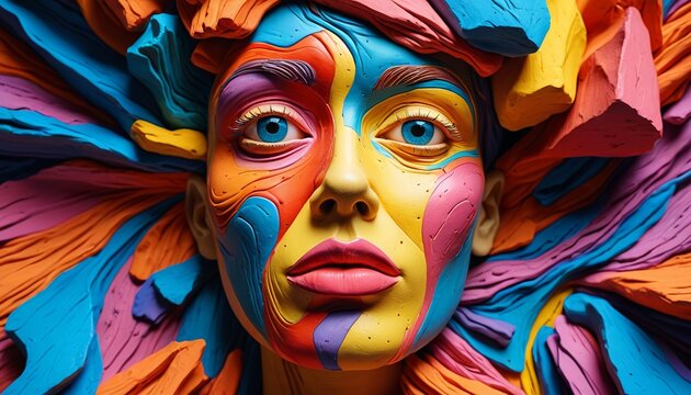 An abstract face made from vibrant plasticine, featuring exaggerated features and unconventional colors, exploring the boundaries of reality and perception in a surreal art piece, Generative AI