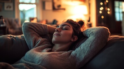 Obraz premium A woman relaxes on a couch, enjoying a peaceful moment in a cozy, softly lit room.