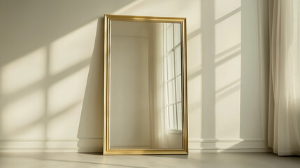 Fototapeta premium The mirror, with a minimalist frame, is mounted on a light-colored wall