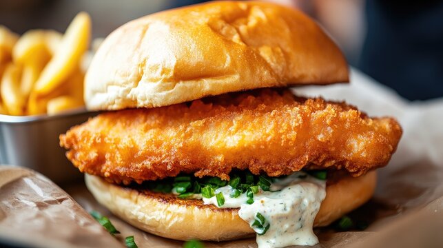 A close-up shot of fried Swedish perch (abborre) fillet served in a sandwich with tartar sauce from a street vendor, highlighting its crispy texture.