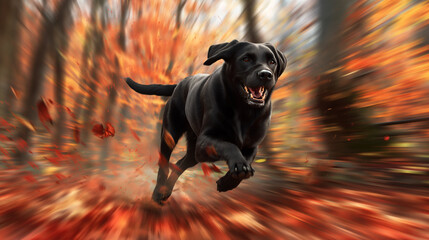 playful black labrador running through a forest during fall