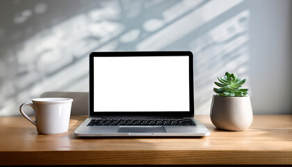 Fototapeta premium A clean, modern desk setup featuring a sleek laptop, a white coffee cup, and a small potted plant, creating a stylish and inviting workspace.