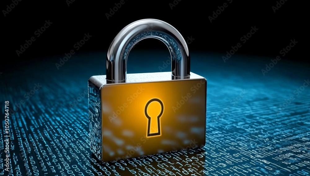 Poster glowing digital padlock icon in the center of an abstract dark blue background filled with binary co
