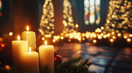 Candles burning in christmas church composition background 