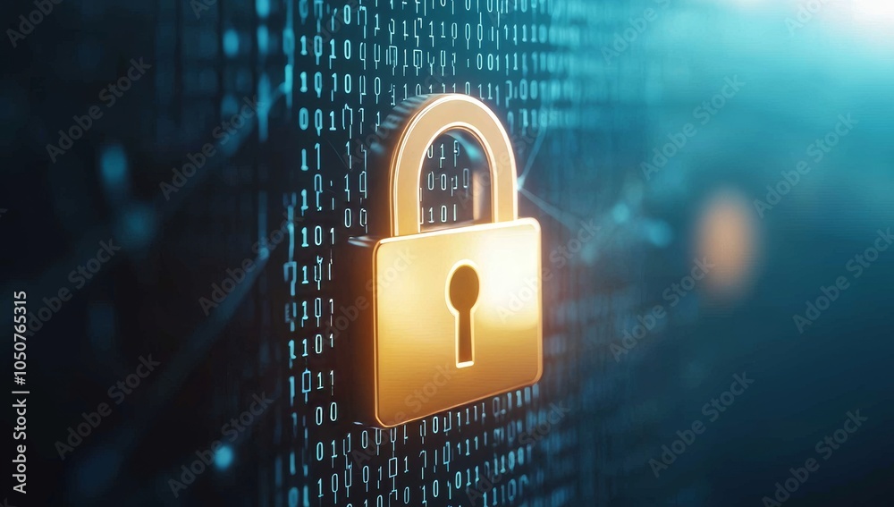 Poster glowing digital padlock icon in the center of an abstract dark blue background filled with binary co