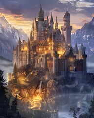 Naklejka premium Majestic medieval castle on a hilltop at sunset with mist and illuminated pathways