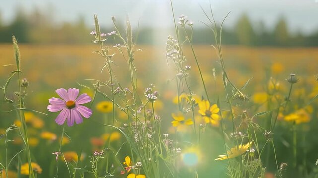 Vertical closeup video meadow flowers rbs swaying gently wind nature's beauty serene living green environment filmed 4K UHD peaceful calming floral scene rb sunlight harmony growth idylli