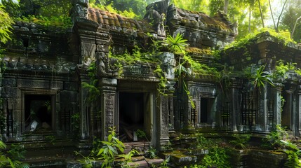 Overgrown ancient ruins hidden in a lush jungle with vines and moss-covered stone architecture
