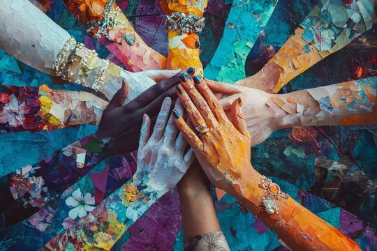 Hands high five in an artistic collage of unity and diversity
