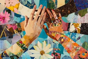 Fototapeta premium Hands high five in an artistic collage of unity and diversity
