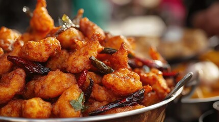 Close-up of freshly fried mirchi bajji (chili fritters), served hot with tamarind chutney at a bustling street market in India.