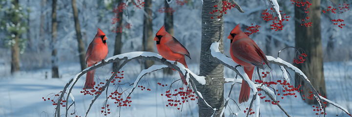 Three red cardinals perched on snow covered branches with red berries in a winter wonderland   