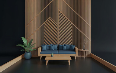 Minimalist living room with blue couch and wooden wall  modern interior design   