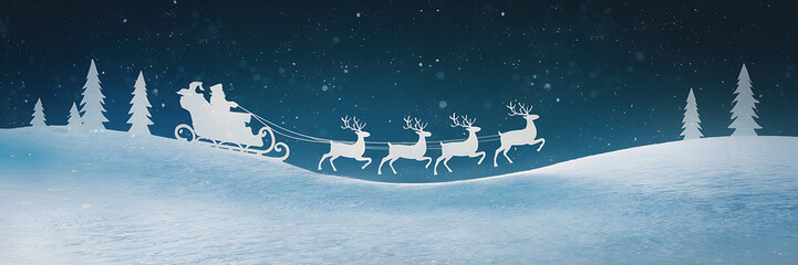 White silhouette Santa sleigh reindeer snowy blue night Christmas magic   
